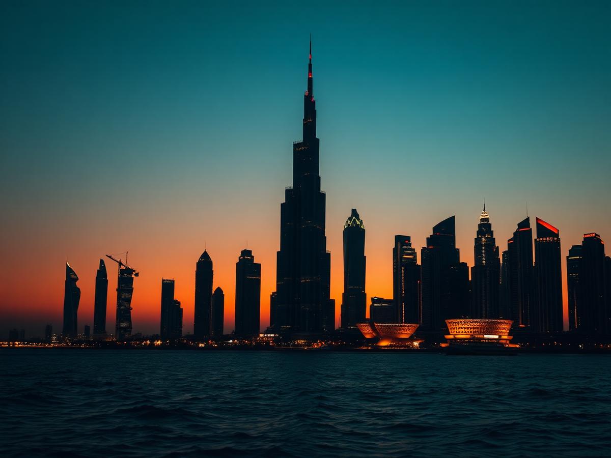 Dubai skyline at dusk seen across the water