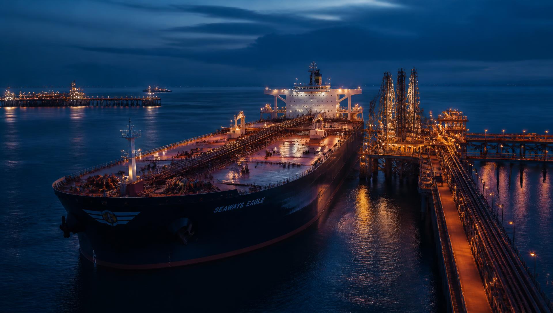 Crude oil tanker loading at an offshore terminal at dusk