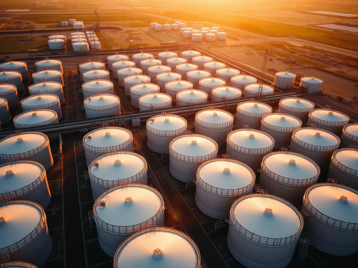 Aerial view of an oil storage tank farm at sunset